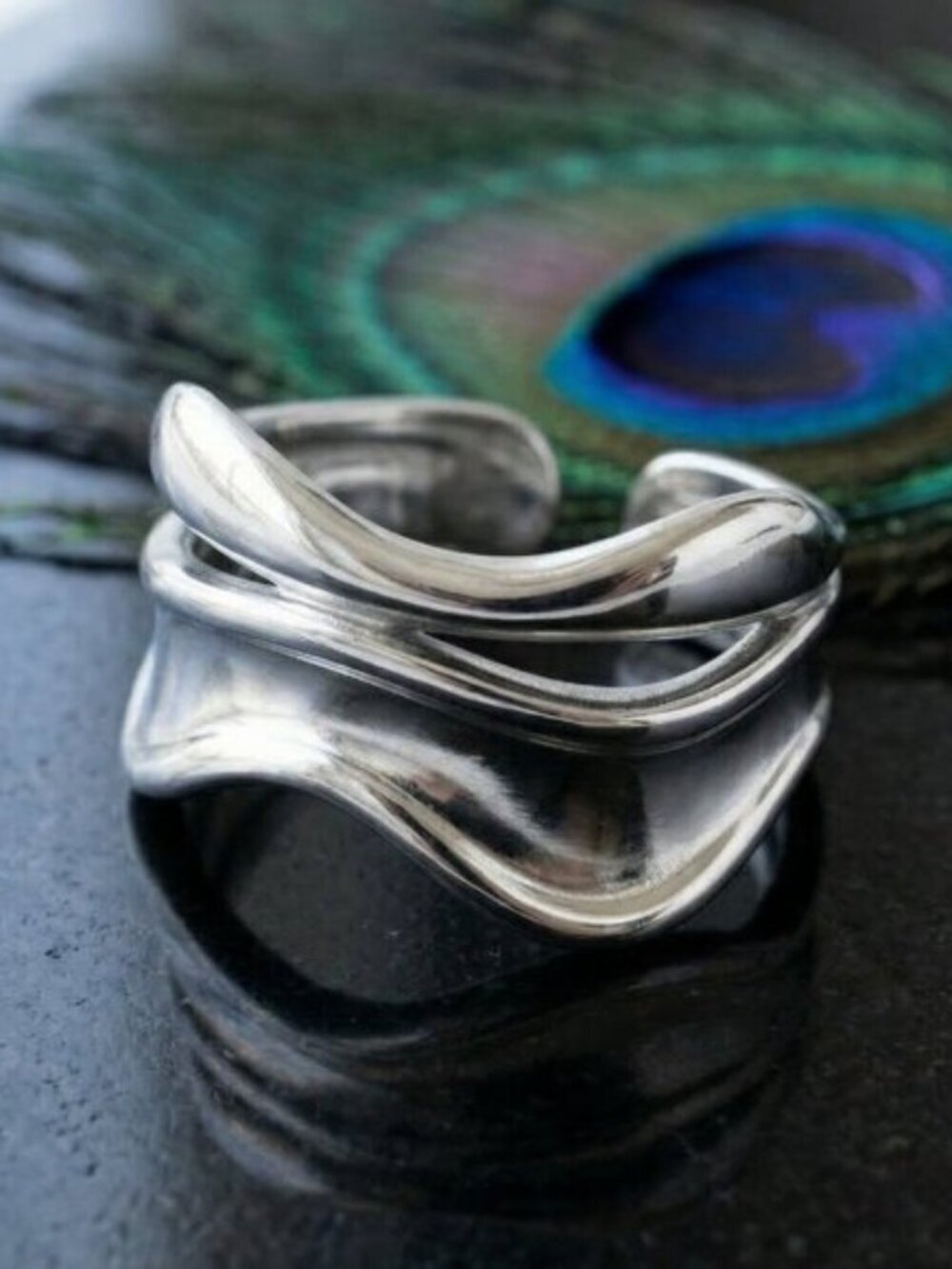 18K White Gold Plated Stainless Steel Open Wave Ring Minimalist Adjustable 7-9 - Picture 10 of 14